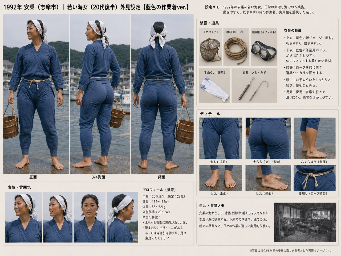 1992年の安乗に設定した若い海女のCharacter Authority。藍色の作業着、手ぬぐい、スカリ、縄、磯メガネなどの再構成要素を整理した資料画像。