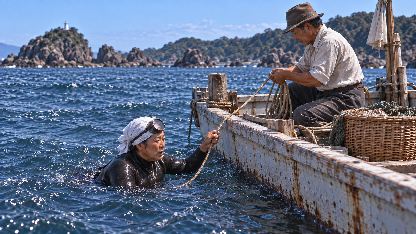 1972年8月17日の国崎を再構成した海女の黒いウェットスーツ姿