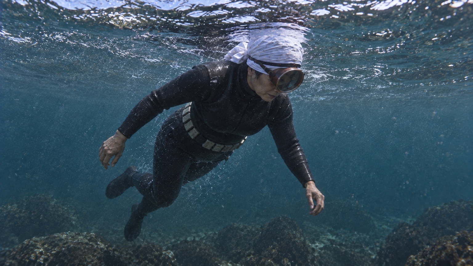 国崎1972の黒いウェットスーツと海女漁の条件差を再構成した場面