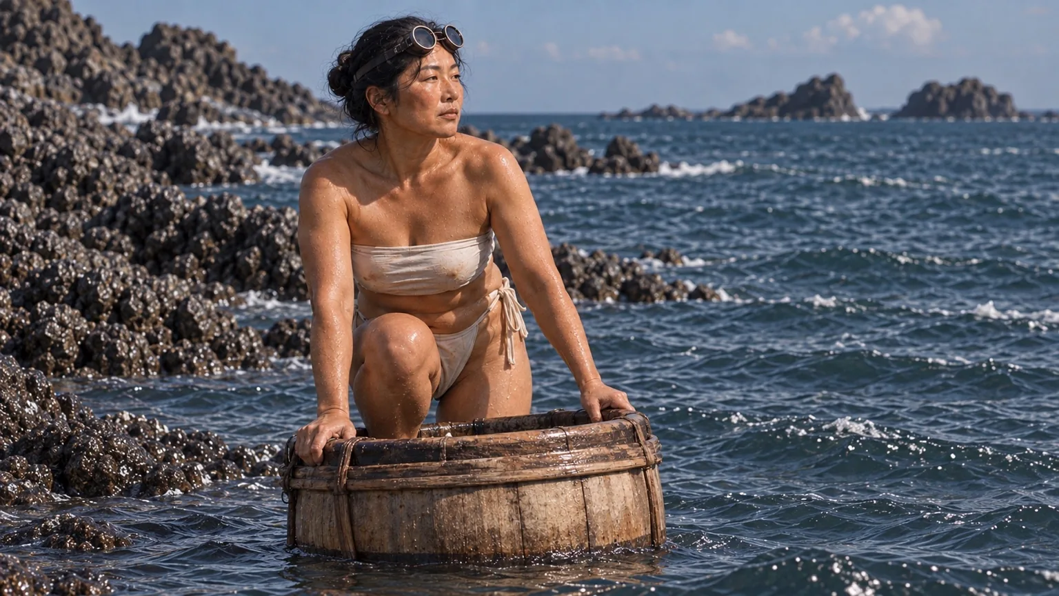 OCSによる1955年輪島・舳倉島の歴史的視覚再構築。海上の浮き容器と海女の仕事。