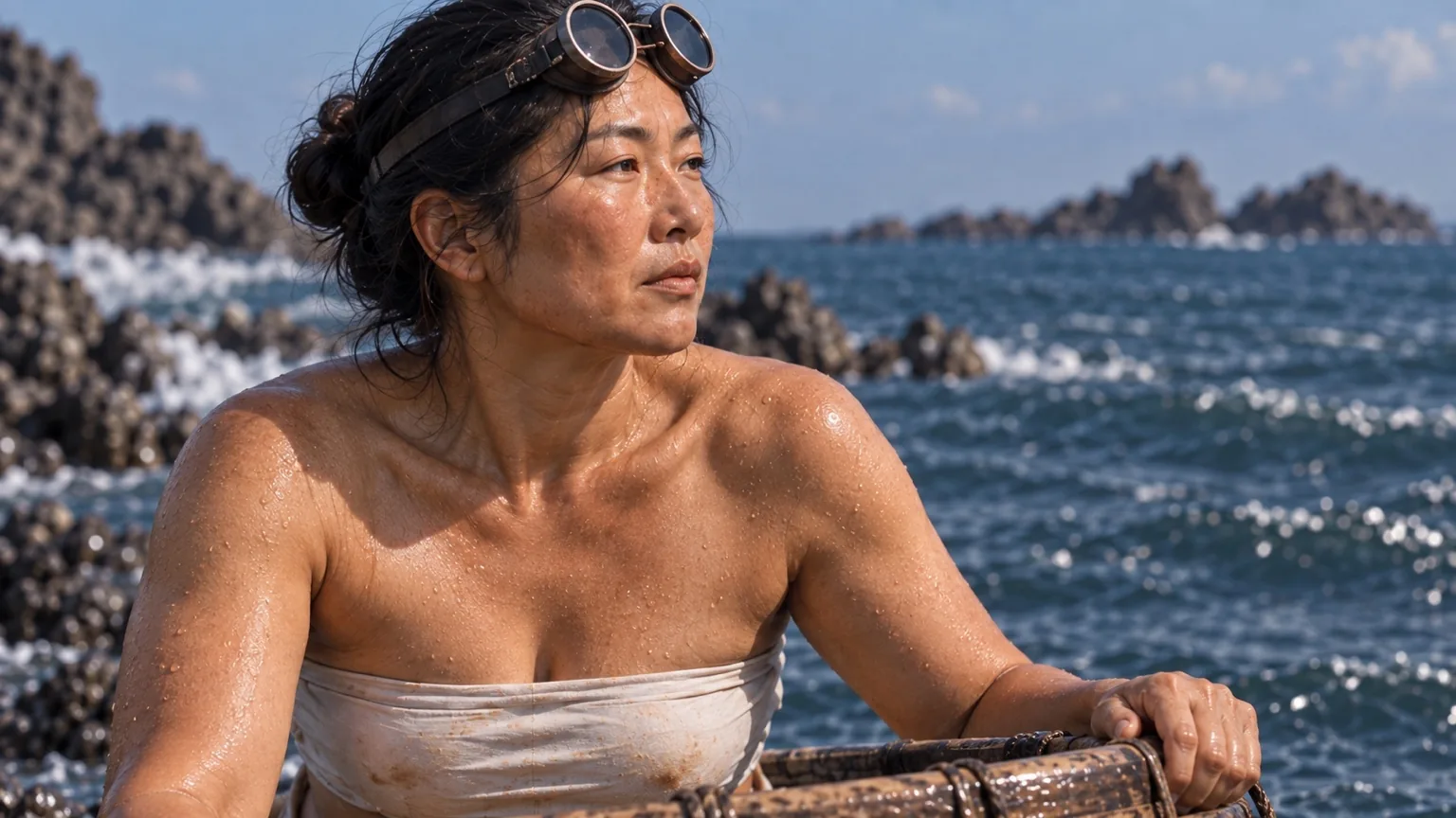 OCSによる1955年輪島・舳倉島の歴史的視覚再構築。潜水前に一息整える海女。