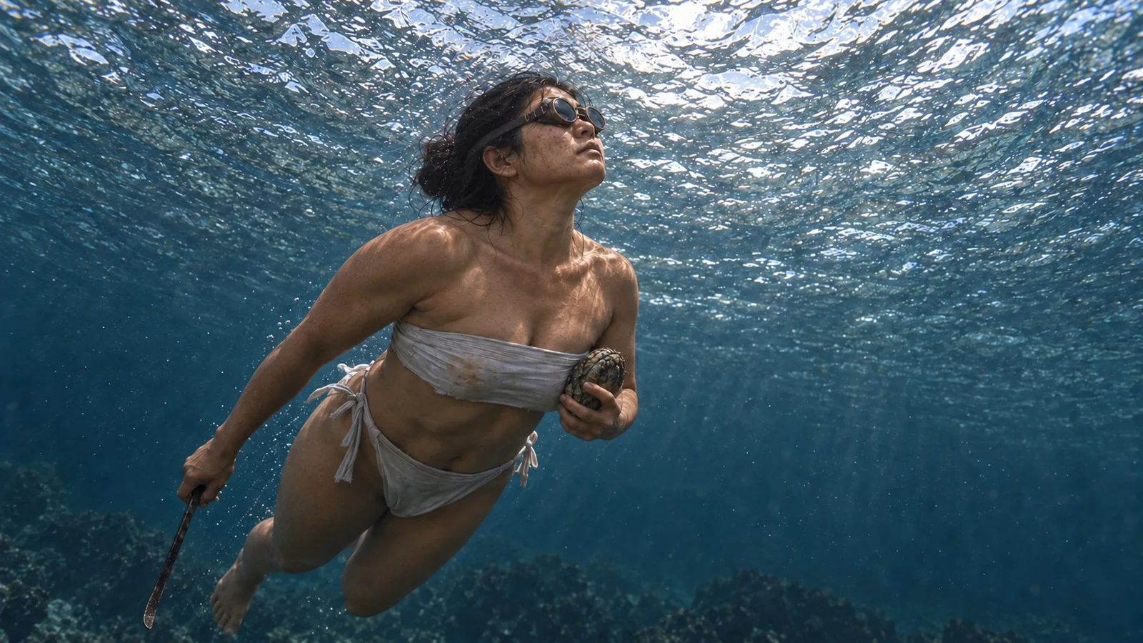 OCSによる1955年舳倉島の歴史的視覚再構築。水面へ向け上昇する海女。