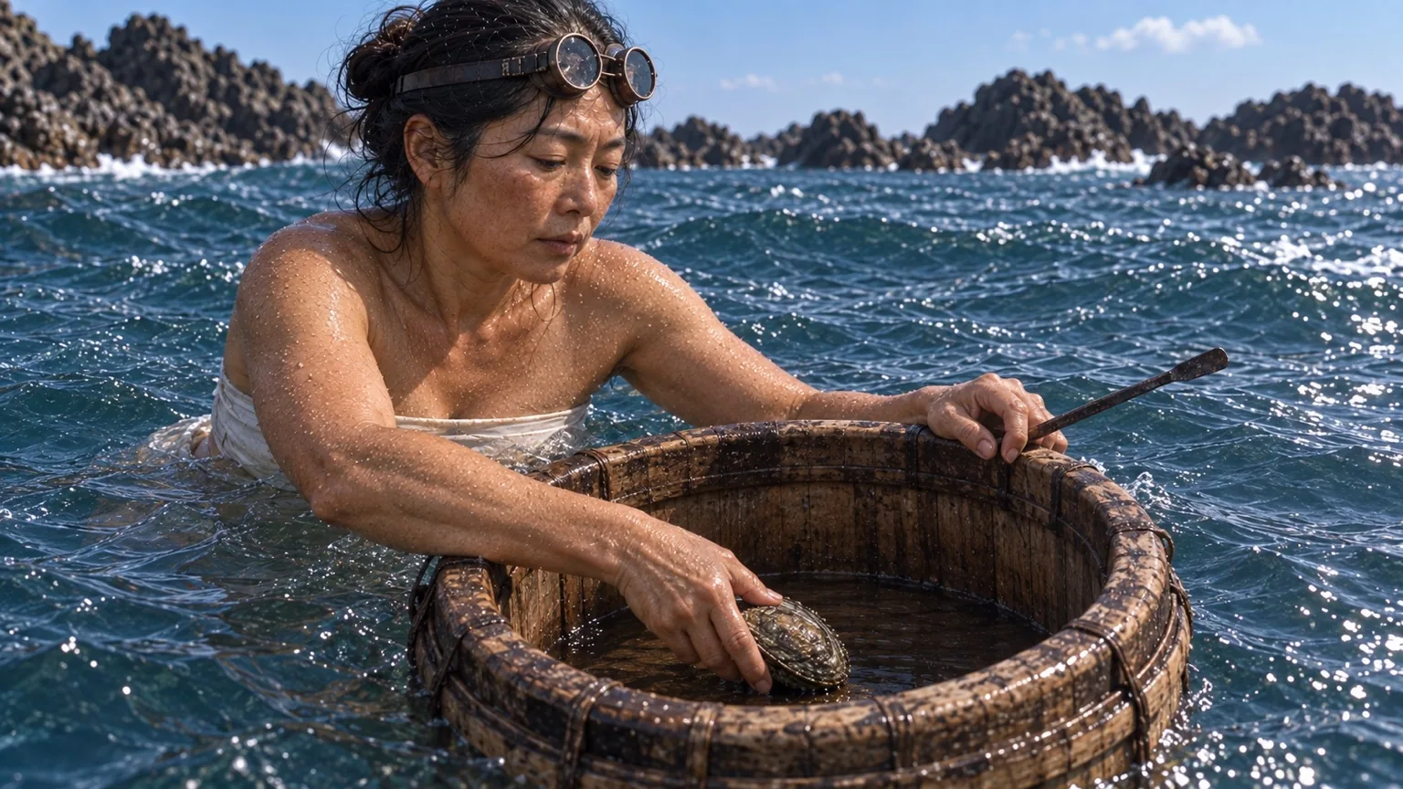 OCSによる1955年輪島・舳倉島の歴史的視覚再構築。浮上後に浮き容器へ戻る海女。